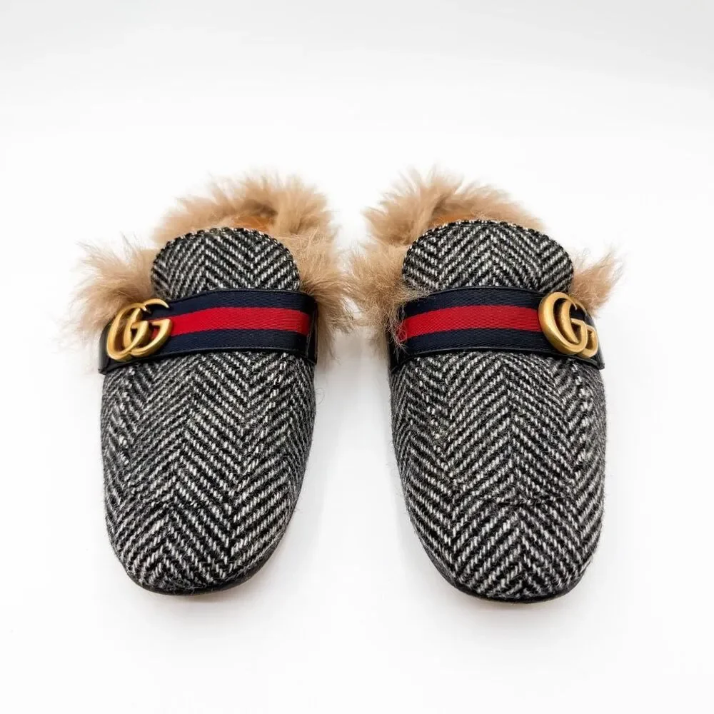 Gucci Princetown Herringbone Fur Mules GG Web Stripe Horsebit Loafers 7.5
